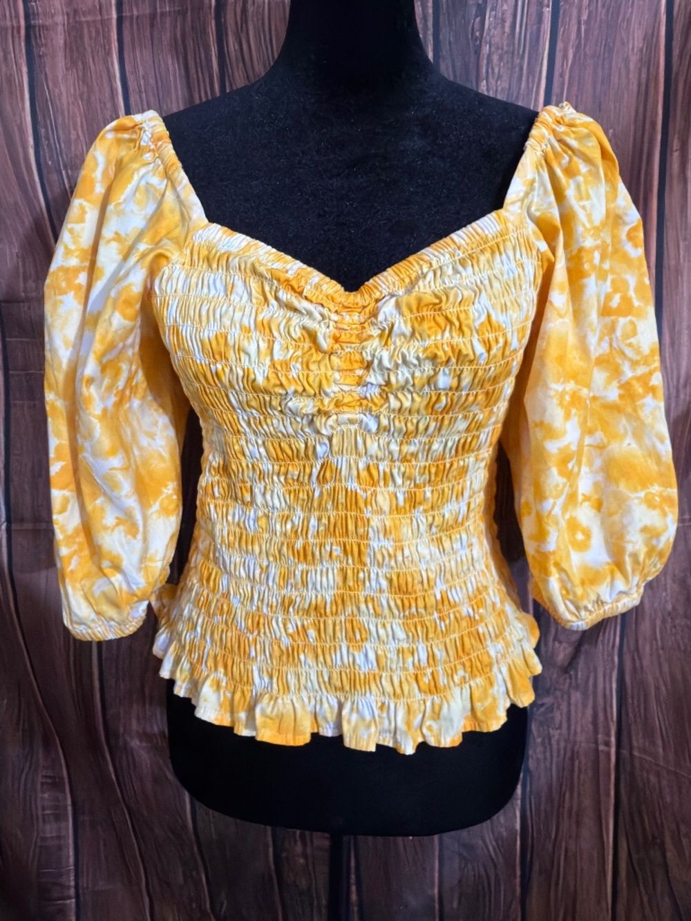 Open Edit Women’s Large Yellow Floral Smocked Puff Sleeve Cottagecore Top